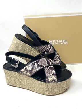 Michael Kors Snake-Print Espadrille Wedge Sandals in Black and Taupe
